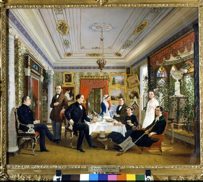 La table de thé. Peinture de Voloskov Aleksej Jakovlevic (1822 - 1882) - Alexei Yakovlevich Voloskov