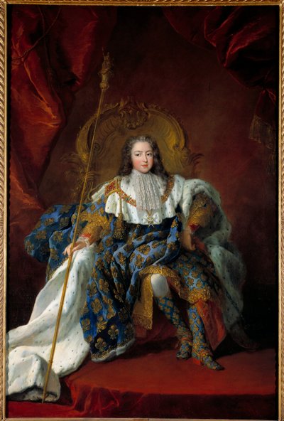 Portrait de Louis XV (1710-1774) enfant sur son trône vêtu du costume et des attributs sacrés. Peinture d