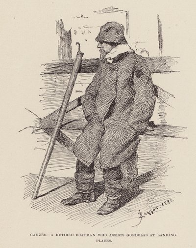 Ganzer, un batelier retraité qui aide les gondoles aux débarcadères (gravure) - Alezzandro Zezzos