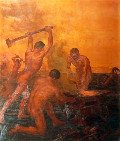 La forge, panneau gauche du triptyque des cheminots - Alfonso Quarantelli