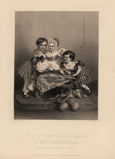 Comte de Dalkeith (William Henry), Henry John et Walter Charles Scott Douglas, fils du 5e duc de Buccleuch, 7e duc de Queensberry. Deux fils portent des robes en tartan avec des rubans, le plus jeune porte un bonnet et une robe en satin. Gravure en acier p - Alfred Edward (after) Chalon