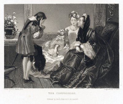 La confession, se rapportant à une histoire du même titre, une femme portant une grande robe noire se penche en avant pour entendre la confession d