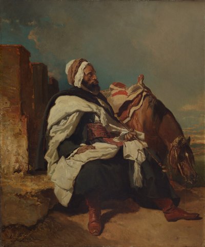 Homme arabe assis avec cheval - Alfred Dedreux