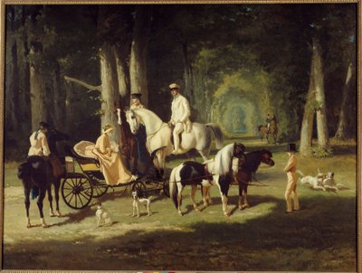 M. et Mme A. Mosselman et leurs deux filles se promenant à cheval dans les bois - Alfred Dedreux