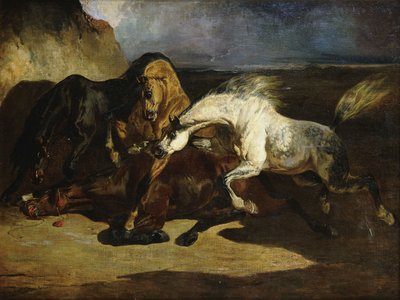 Étalons se Battant dans un Paysage Orageux - Alfred Dedreux