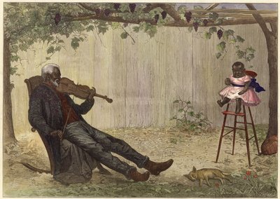 Vieil homme noir jouant du violon à un bébé (gravure en couleur) - Alfred Edward (after) Emslie