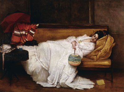 Une fille avec un éventail japonais endormie sur un canapé - Alfred Emile Stevens
