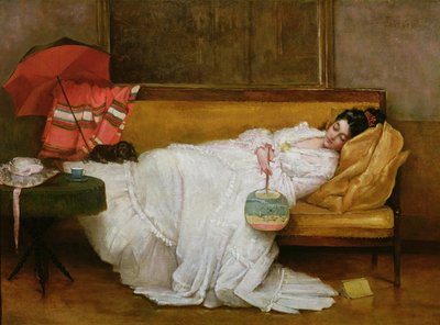 Fille en robe blanche reposant sur un canapé - Alfred Emile Stevens
