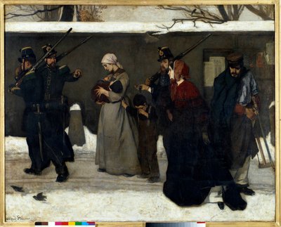 La soi-disant vagabondage dit aussi les chasseurs de Vincennes Les gardes nationaux arrêtent des familles dans la rue. Peinture d