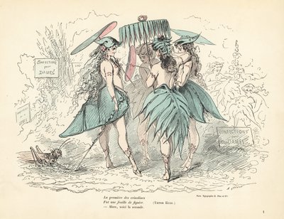 Femmes vêtues uniquement de robes en feuilles de figuier et de chapeaux, tenant des feuilles - Alfred Grevin