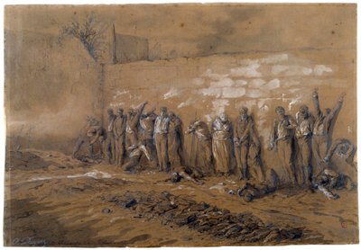 Commune de Paris : exécution de 147 combattants de la Commune sur le mur des Fédérés au Père Lachaise à Paris le 28/05/1871. Dessin à l