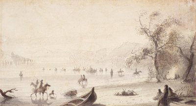 Navigation de taureaux à travers la Platte, c.1837 - Alfred Jacob Miller