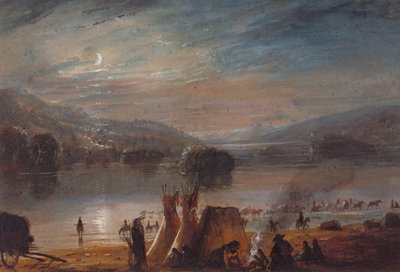 Traversée de la rivière au clair de lune, installation du camp, vers 1858-60 - Alfred Jacob Miller