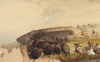 Conduite de troupeaux de bisons sur une falaise, c.1837 - Alfred Jacob Miller