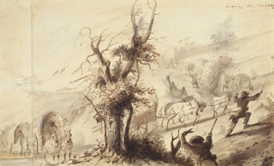 Débarquement des charrettes, vers 1837 - Alfred Jacob Miller