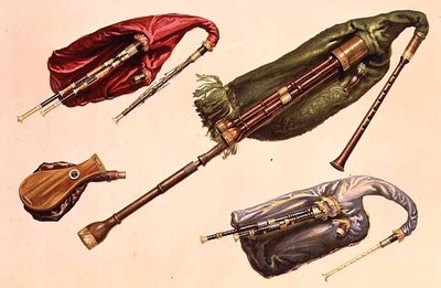 Cornemuses (de gauche à droite) : verte, des Lowlands écossais, rouge et de Northumbrie, de 