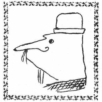 Portrait de Monsieur Ubu par Alfred Jarry. Dessin à la plume dans un cadre typographique de brins trifoliés. Édition princeps d