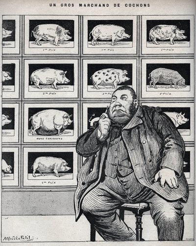 Un grand marchand de porcs - Caricature dans "Le Cochon, souvenirs de Normandie" 1898 - Alfred Le Petit