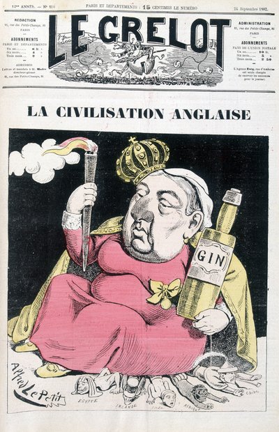 Civilisation anglaise : Victoria, une bouteille de gin à la main, assise sur l