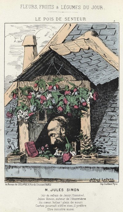 Le Pays de la Fragrance : caricature de Jules Simon (1814 - 1896) - ill. du 12/01/187 dans « Fleurs, Fruits et Légumes du Jour » - Alfred Le Petit