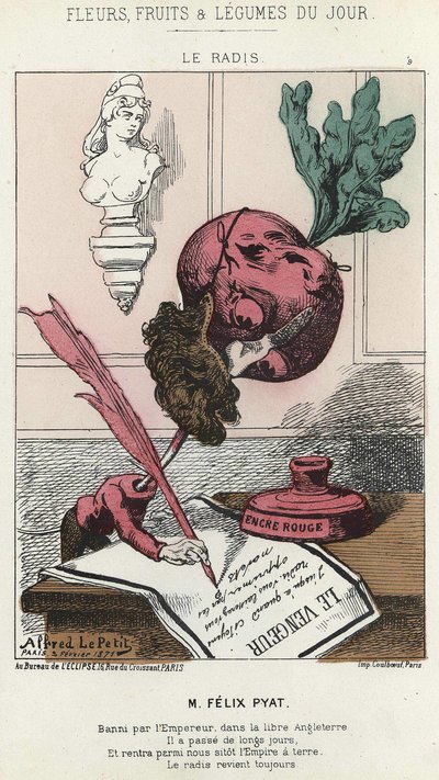 Le Radis : caricature de Félix Pyat (1810 - 1889) - ill. du 02/02/187 dans « Fleurs, Fruits et Légumes du Jour » - Alfred Le Petit