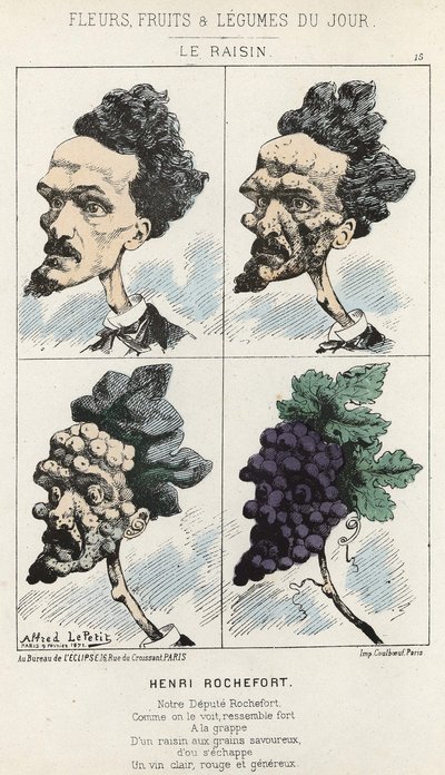 Le Raisin : caricature de Henri Rochefort - ill. du 09/02/1871 dans « Fleurs, Fruits et Légumes du Jour » - Alfred Le Petit