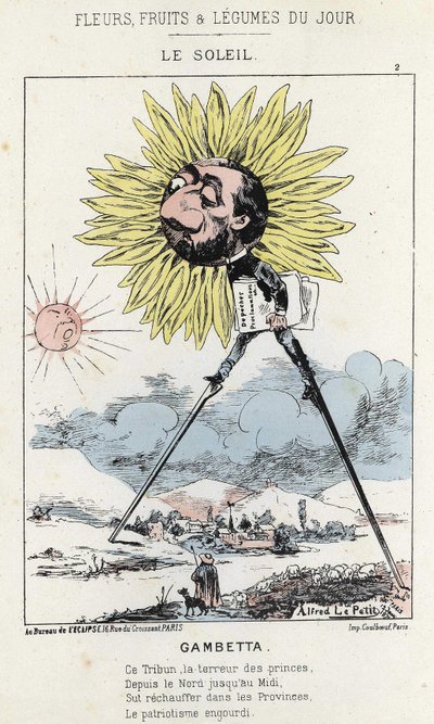 Le Soleil (tournesol) : caricature sur Gambetta (1838 - 1882) - ill. du 12/01/1871 dans « Fleurs, Fruits et Légumes du Jour » - Alfred Le Petit