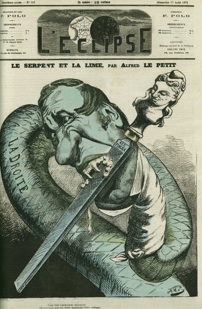 Le serpent et la lime, le serpent de droite lime ses dents sur la République. Couverture de « L