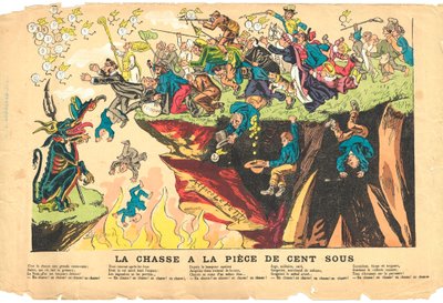 Feuille volante, satirique en couleurs, vers 1878 : Chasse à cent sous - Argent - Diable, Cures Illustration par Alfred Le Petit (1841-1909) - Alfred Le Petit