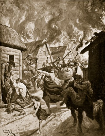 Canterbury brûlée par les Danois, 851 après J.-C., illustration de 