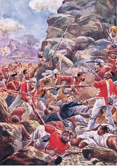 Le siège de Delhi : Assaut de la brèche, illustration de British Battles on Land and Sea, 1915 - Alfred Pearse