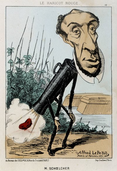 Le Bean rouge : caricature de Victor Schoelcher représenté dans le train de Pierre un haricot (pet) - ill. du 16/02/1871 dans « Fleurs, Fruits et Légumes du Jour » - Alfred Petit