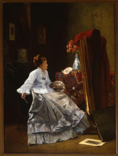 Attribué à A.Stevens, Dame à son chevalet / Peinture - Alfred Emile Stevens