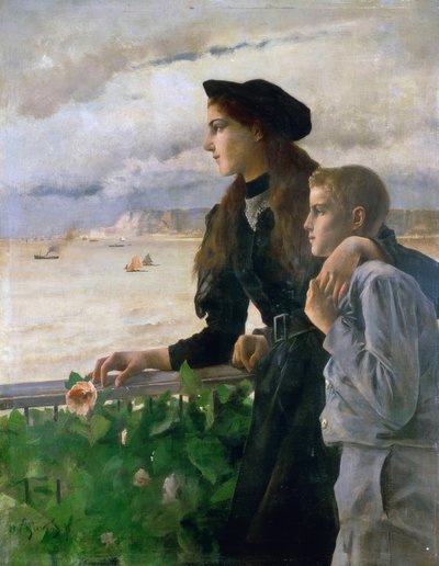 Frère et sœur devant la mer à Honfleur - Alfred Emile Stevens