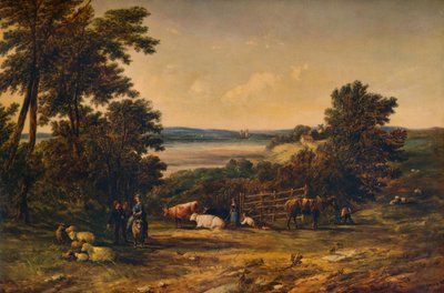 Un port entouré de collines boisées et de prairies avec du bétail, 1859, 1938 - Alfred Vickers