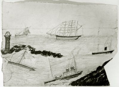 Trois voiliers, deux navires à vapeur et le phare de Godrevy, c.1935-38 - Alfred Wallis