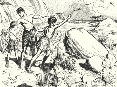 Hannibal et ses frères apprenant à lancer des pierres avec une fronde - Alfred Wallis Mills