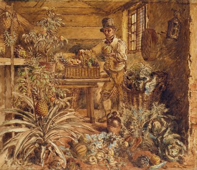 Un jardinier dans une serre avec des ananas et divers légumes - Alfred William Hunt