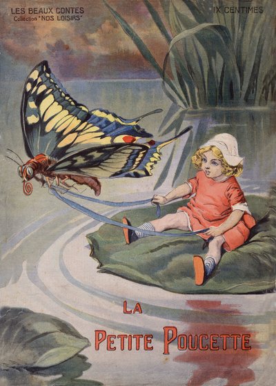 La Petite Poucette. Une toute petite fille assise sur un nénuphar tirée par un papillon. Conte de Hans Christian Andersen. Illustration de Vaccari et Carrey dans la collection 