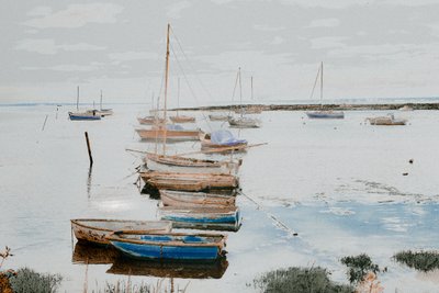 Bateaux dans le port de Leigh, 2018 (photographie peinte à la main) - Alice Gur-Arie