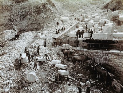 Gare avec des ouvriers chargeant des blocs de marbre sur des wagons de chemin de fer, trois paires de bœufs avec des wagons de transport sont visibles - Fratelli Alinari