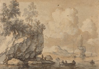 Figures dans des bateaux à rames dans une crique rocheuse, navires à voile au-delà - Allart van Everdingen