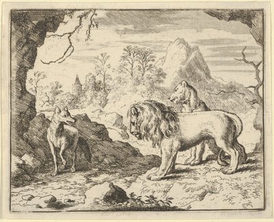 Renard convainc le lion et la lionne de trouver un trésor que son père leur a volé... - Allart van Everdingen