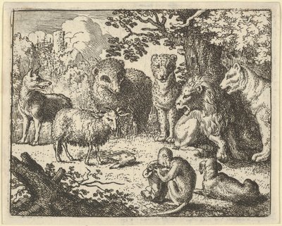 Le singe ouvre le paquet et enlève la tête du lapin à la grande surprise de..., 1650-75 - Allart van Everdingen