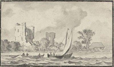 Trois bateaux sur une rivière avec des ruines le long du rivage - Allart van Everdingen