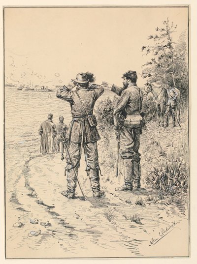 Officiers et général regardant une bataille navale (Bataille du Monitor et du Merrimac) - Allen Carter Redwood