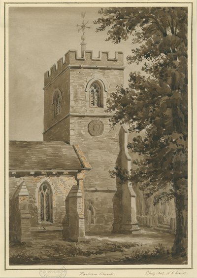 Église de Harborne : dessin à la sépia rouge, 2 juillet 1842 - Allen Edward Everitt