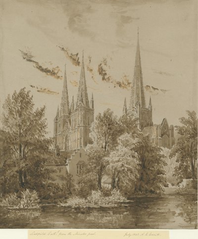 Cathédrale de Lichfield - Vue Sud-Ouest: dessin sépia, Jul 1842 - Allen Edward Everitt