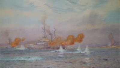 H.M.S. Albion commandé par le capitaine A. Walker-Heneage achevant la destruction des forts extérieurs des Dardanelles en 1915, 1925 - Alma Claude Burlton Cull
