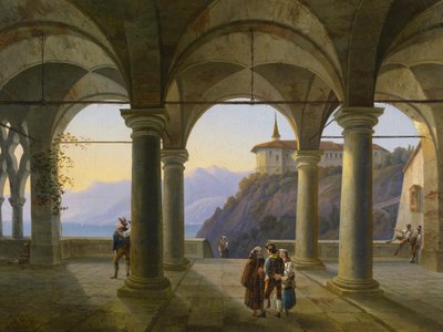 Terrasse à colonnes avec figures et vue sur un lac de montagne - Alois Gustav Schulz